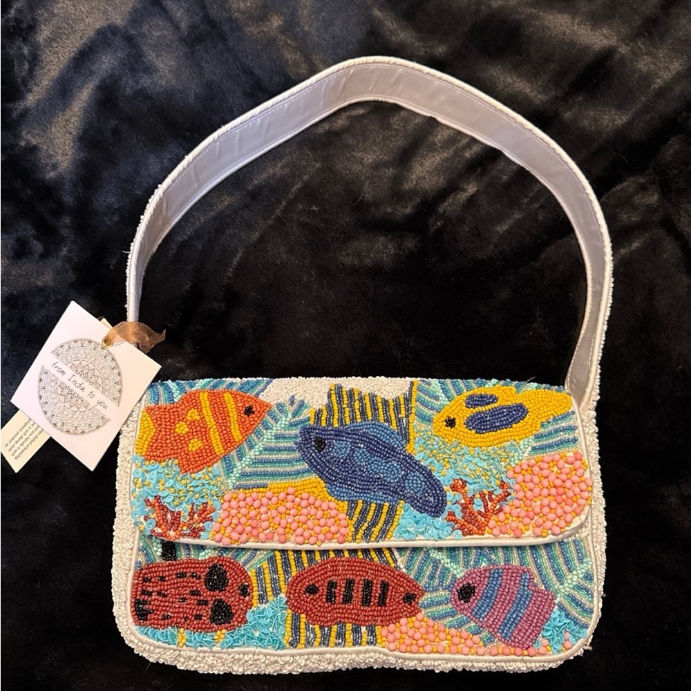 Beaded Tropical Fish Shoulder Bag - White Strap